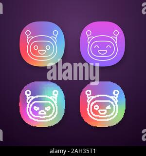 Robot emojis app icons set. Chatbot emoticons. Laughing, happy, angry, winky chat bot smileys. Artificial intelligence. UI/UX user interface. Web or m Stock Vector