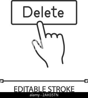 Delete button click linear icon. Thin line illustration. Del. Hand pressing button. Contour symbol. Vector isolated outline drawing. Editable stroke Stock Vector