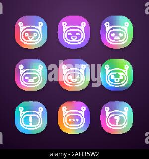 Robot emojis app icons set. UI/UX user interface. Chatbot emoticons. Chat bot smileys. Artificial intelligence. Web or mobile applications. Vector iso Stock Vector