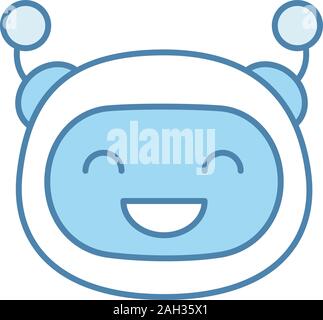 Laughing robot emoji color icon. Happy chatbot smiley with broad smile and closed eyes. Chat bot emoticon. Artificial conversational entity. Artificia Stock Vector