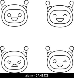 Robot emojis linear icons set. Chatbot emoticons. Laughing, happy, angry, winky chat bot smileys. Thin line contour symbols. Virtual assistant. Isolat Stock Vector
