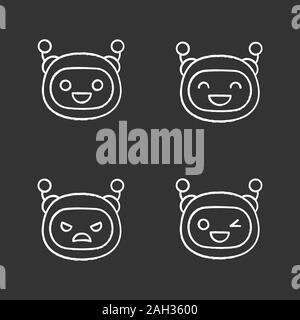 Robot emojis chalk icons set. Chatbot emoticons. Laughing, happy, angry, winky chat bot smileys. Artificial intelligence. Virtual assistant. Isolated Stock Vector