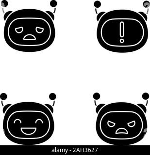 Robot emojis glyph icons set. Chatbot emoticons. Sad, angry, happy chat bot smileys. Chatbot notification. Artificial intelligence. Virtual assistant. Stock Vector
