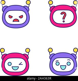Robot emojis color icons set. Chatbot emoticons. Angry, winky, laughing chat bot smileys. Chatbot FAQ. Artificial intelligence. Virtual assistant. Iso Stock Vector
