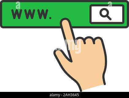 Search bar button color icon. Internet surfing. Internet browser. Hand pressing find button. Isolated vector illustration Stock Vector