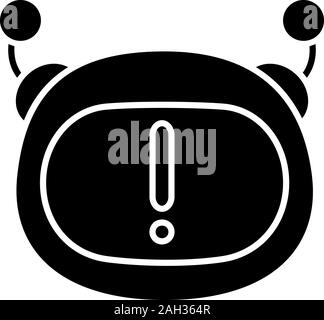 Chatbot notification glyph icon. Chat bot face with exclamation mark. Important message. Virtual assistant announcement. Silhouette symbol. Negative s Stock Vector
