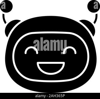 Laughing robot emoji glyph icon. Happy chatbot smiley with broad smile. Silhouette symbol. Chat bot emoticon. Artificial conversational entity. Negati Stock Vector