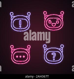 Robot emojis neon light icons set. Chatbot emoticons. Chat bot notification and FAQ, laughing smiley, chatbot message. Artificial intelligence. Virtua Stock Vector