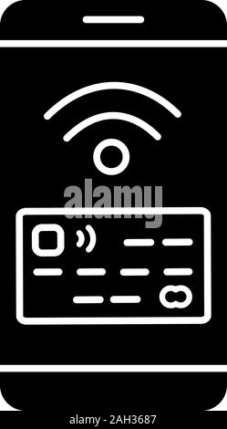 NFC smartphone signal glyph icon. NFC phone. Silhouette symbol. Mobile phone contactless payment. Telephone screen with credit card. Negative space. V Stock Vector