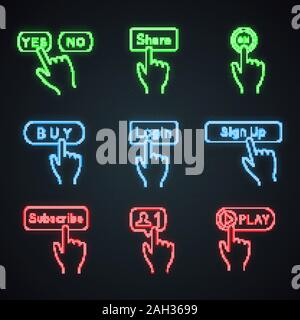 Click buttons neon light icons. Yes or no, share, turn on, buy, login, sign up, subscribe, new friend, play. Glowing signs. Vector isolated illustrati Stock Vector