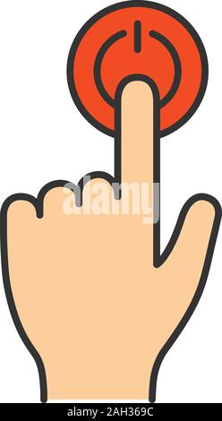 Power button click color icon. Start. Turn on. Hand pressing button. Isolated vector illustration Stock Vector