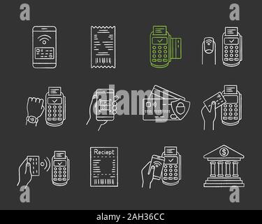 NFC payment chalk icons set. Electronic money. Cashless and contactless payments. Digital purchase. Online banking. Near Field Communication technolog Stock Vector