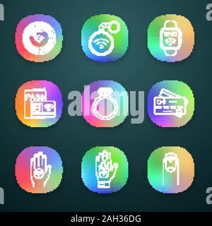 NFC technology app icons set. Near field chip, trinket, smartwatch, identification system, ring, credit card, sticker, hand implant, manicure. UI/UX u Stock Vector