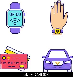 NFC technology color icons set. Near field smartwatch, bracelet, credit cards, car. Isolated vector illustrations Stock Vector