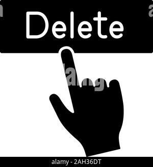 Delete button click glyph icon. Silhouette symbol. Del. Hand pressing button. Negative space. Vector isolated illustration Stock Vector