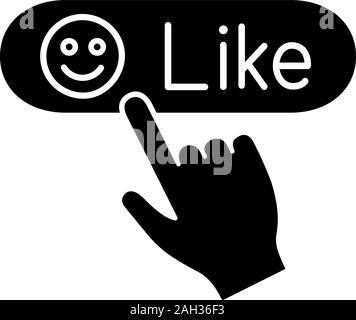 Like button click glyph icon. Positive comment. Hand pressing button. Silhouette symbol. Negative space. Vector isolated illustration Stock Vector