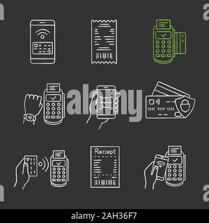 NFC payment chalk icons set. Pay with smartphone and credit card, cash receipt, POS terminal, QR code scanner, NFC smartwatch. Isolated vector chalkbo Stock Vector