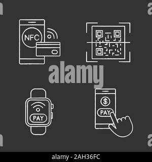 E-payment chalk icons set. Pay with smartphone, NFC smartwatch, QR code scanner, contactless payment. Isolated vector chalkboard illustrations Stock Vector