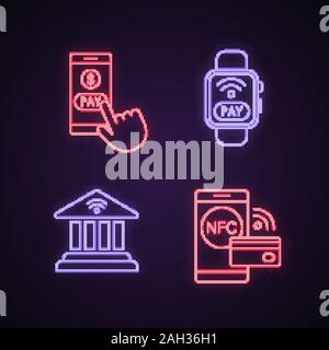 E-payment neon light icons set. Pay with smartphone, NFC smartwatch, online banking, contactless payment. Glowing signs. Vector isolated illustrations Stock Vector