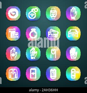 NFC technology app icons set. Near field communication. RFID and nfc tag, sticker, phone, trinket, ring, implant. UI/UX user interface. Web or mobile Stock Vector