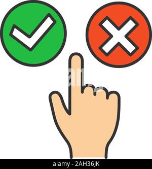 Accept and decline buttons color icon. Yes or no click. Approve and delete. Hand pushing button. Isolated vector illustration Stock Vector
