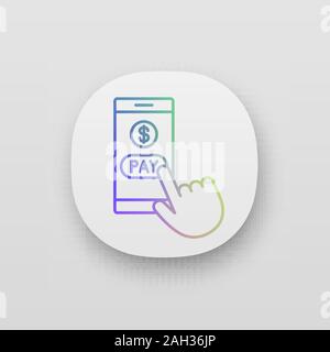 Online payment app icon. E-payment. Digital purchase. Cashless payments smartphone app. Hand pressing pay button. UI/UX user interface. Web or mobile Stock Vector