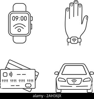 NFC technology linear icons set. Near field smartwatch, bracelet, credit cards, car. Thin line contour symbols. Isolated vector outline illustrations. Stock Vector