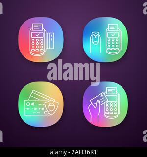 NFC payment app icons set. POS terminal, NFC manicure, credit cards. UI/UX user interface. Web or mobile applications. Vector isolated illustrations Stock Vector
