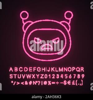 Angry robot emoji neon light icon. Frowned chatbot smiley. Chat bot emoticon. Artificial intelligence. Glowing sign with alphabet, numbers and symbols Stock Vector