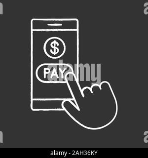 Online payment chalk icon. E-payment. Digital purchase. Cashless payments smartphone app. Hand pressing pay button. Isolated vector chalkboard illustr Stock Vector