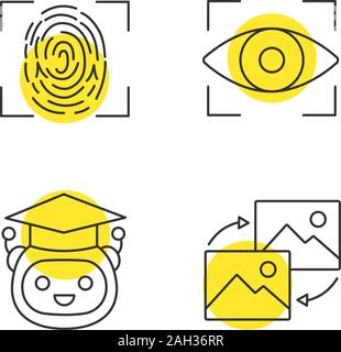 Machine learning linear icons set. Fingerprint scanning, iris recognition, teacher bot, data transforming. Thin line contour symbols with yellow circl Stock Vector