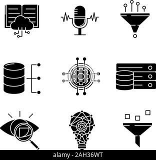 Machine learning glyph icons set. Artificial intelligence. Database. AI. Digital technology. Silhouette symbols. Vector isolated illustration Stock Vector