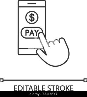Online payment linear icon. Thin line illustration. E-payment. Digital purchase. Cashless payments smartphone app. Hand pressing pay button. Vector is Stock Vector