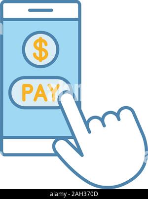 Online payment color icon. E-payment. Digital purchase. Cashless payments smartphone app. Hand pressing pay button. Isolated vector illustration Stock Vector