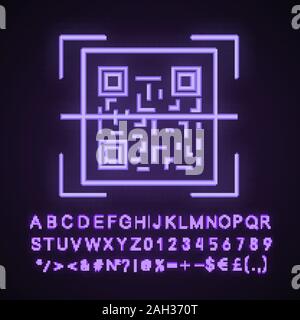 QR code scanner neon light icon. Quick response code. Matrix barcode scanning app. Glowing sign with alphabet, numbers and symbols. Vector isolated il Stock Vector
