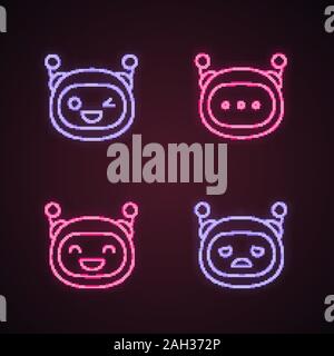 Robot emojis neon light icons set. Chatbot emoticons. Laughing, sad, winky chat bot smileys. Chatbot message. Artificial intelligence. Virtual assista Stock Vector