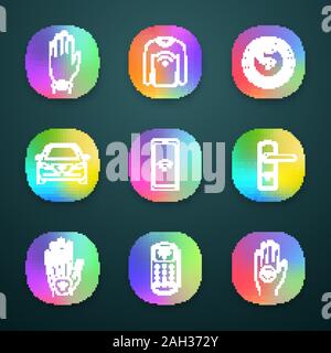 NFC technology app icons set. Near field bracelet, clothes, chip, car, smartphone, door lock, hand implant, POS terminal, sticker. UI/UX user interfac Stock Vector