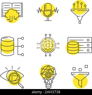 Machine learning linear icons set. Artificial intelligence. Database. AI. Digital technology. Thin line contour symbols with yellow circles. Isolated Stock Vector