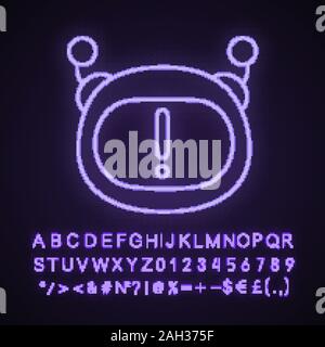 Chatbot notification neon light icon. Chat bot face with exclamation mark. Important message. Virtual assistant. Glowing sign with alphabet, numbers a Stock Vector