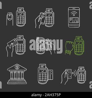 NFC payment chalk icons set. Pay with smartphone and credit card, online banking, POS terminal, NFC smartwatch and manicure. Isolated vector chalkboar Stock Vector