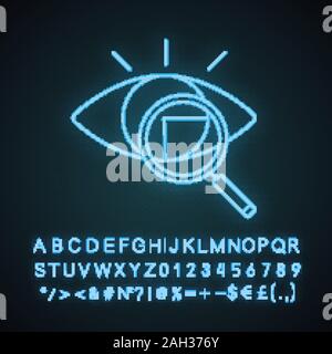 Retina scan neon light icon. Iris recognition. Glowing sign with alphabet, numbers. Eye scanning. Biometric identification. Optical recognition. Visio Stock Vector