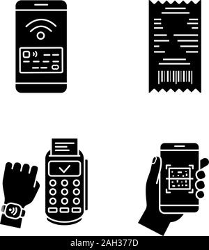NFC payment glyph icons set. Cash receipt, QR code scanner, NFC smartphone and smartwatch. Silhouette symbols. Vector isolated illustration Stock Vector