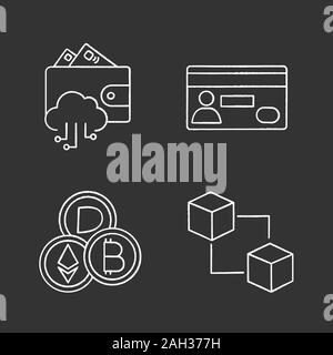 E-payment chalk icons set. E-wallet, credit card, cryptocurrency, blockchain. Isolated vector chalkboard illustrations Stock Vector