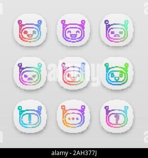 Robot emojis app icons set. UI/UX user interface. Chatbot emoticons. Chat bot smileys. Artificial intelligence. Virtual assistant. Web or mobile appli Stock Vector