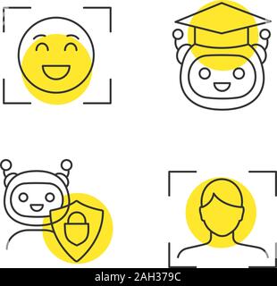 Machine learning linear icons set. Emotion detection, facial recognition, teacher bot, secured chatbot. Thin line contour symbols with yellow circles. Stock Vector