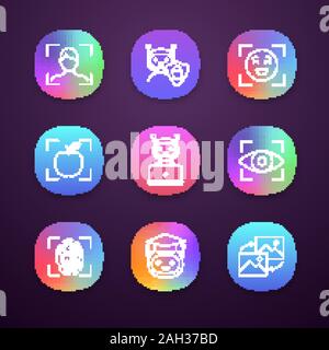 Machine learning app icons set. Artificial intelligence. Chatbot, face, retina, fingerprint identification. UI/UX user interface. Web or mobile applic Stock Vector