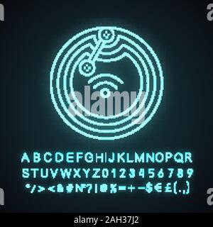 NFC microchip neon light icon. Near field communication. RFID transponder. NFC tag. Contactless technology. Glowing sign with alphabet, numbers and sy Stock Vector