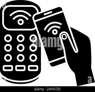 NFC smartphone payment glyph icon. Silhouette symbol. NFC phone and POS terminal. Near field communication. Mobile phone contactless payment. Negative Stock Vector