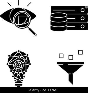 Machine learning glyph icons set. Retina scan, database, innovation process, data filtering. Silhouette symbols. Vector isolated illustration Stock Vector