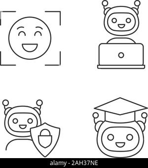 Machine learning linear icons set. Emotion detection, chatbot, secured chat bot, teacher robot. Thin line contour symbols. Isolated vector outline ill Stock Vector